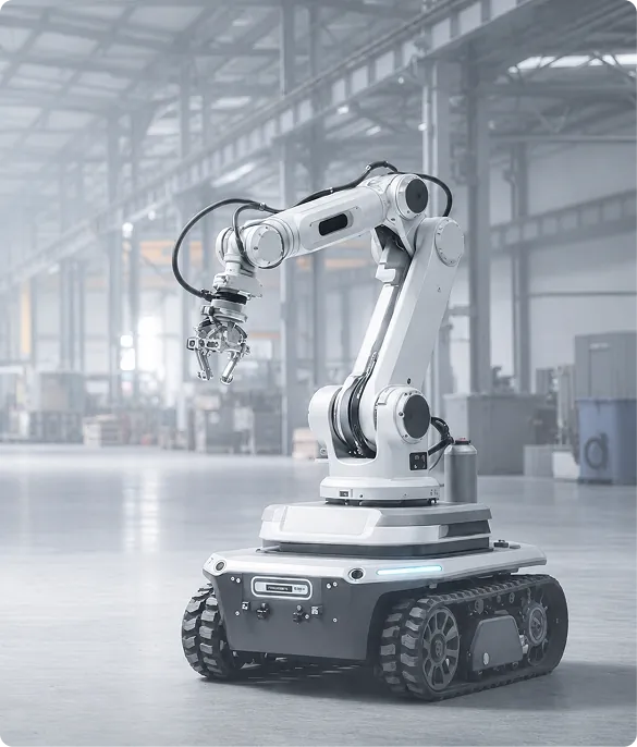 Mobile robotic platform with articulated arm operating in a factory