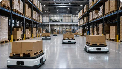 Autonomous mobile robot navigating warehouse shelves