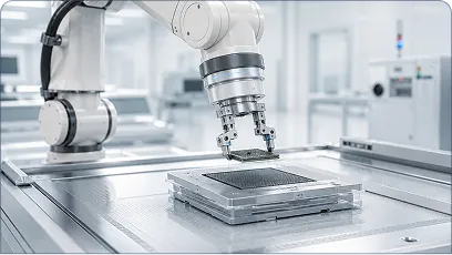 Precision robotic arm handling a semiconductor wafer